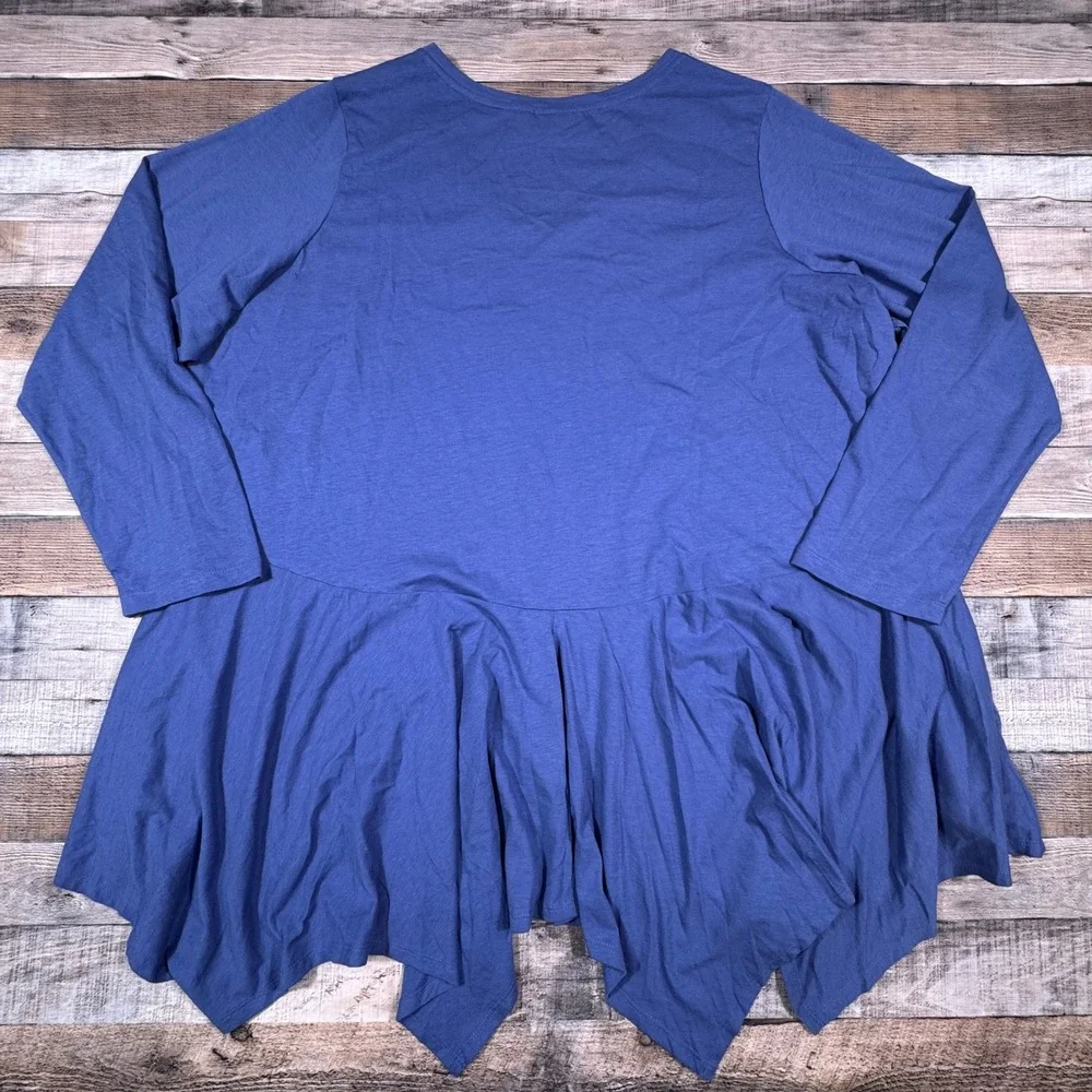 LOGO Lori Goldstein‎ Top 3X Blue V-Neck Sharkbite Hem Peplum Long Sleeve